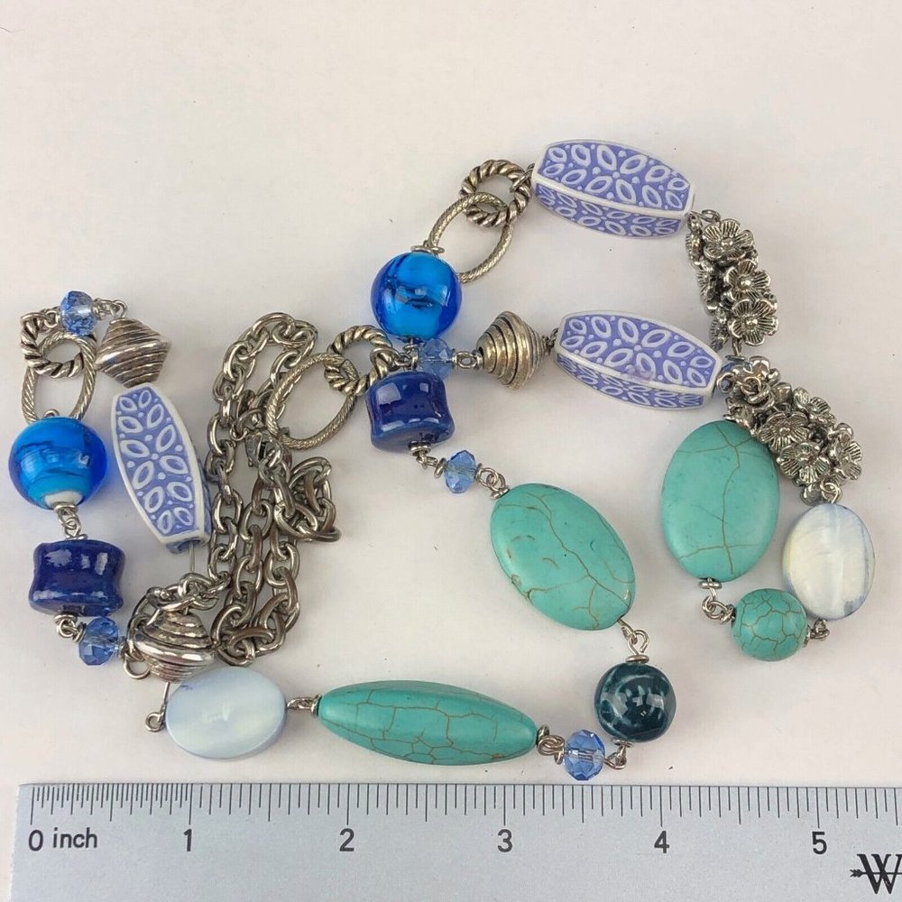 Premier Designs Necklace Long Silver Tone Blues & Green Beads